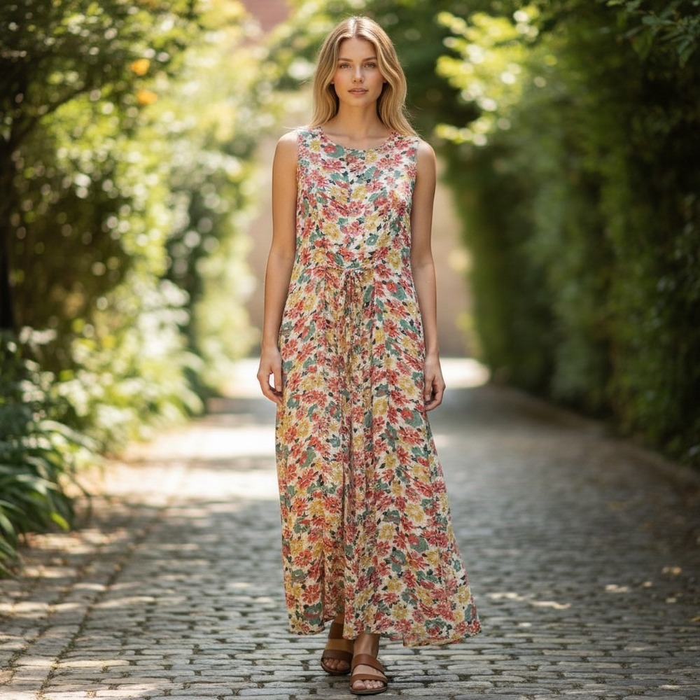 Sheer Floral Maxi Dress Women M Multi-Color Button Front Boho Pockets